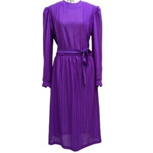 Vintage long sleeves belted pleated purple dress ILGWU